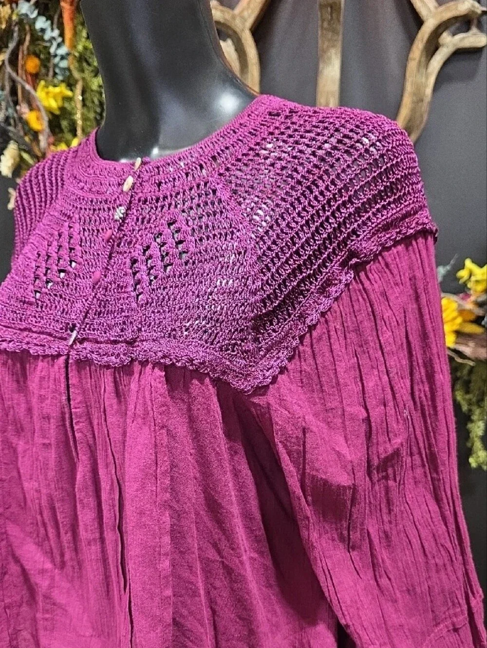 Free People Boho Crochet Yoke Blouse - Purple